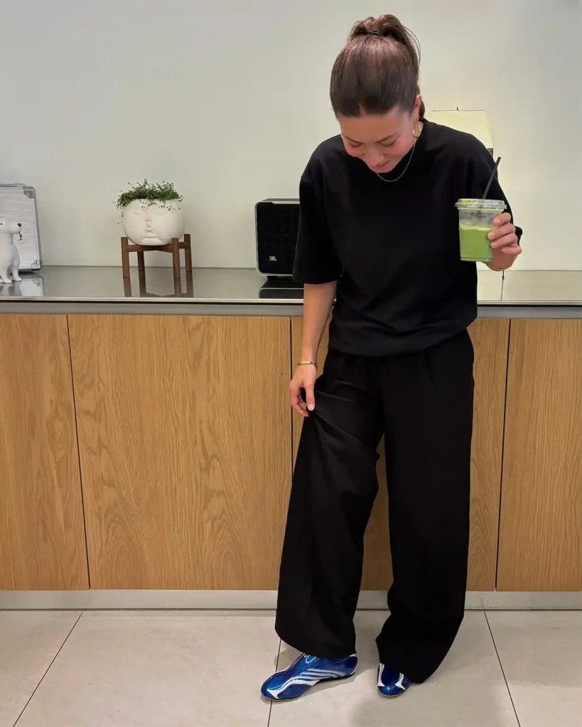 All-Black Tee and Wide-Leg Trousers with Blue Sneakers