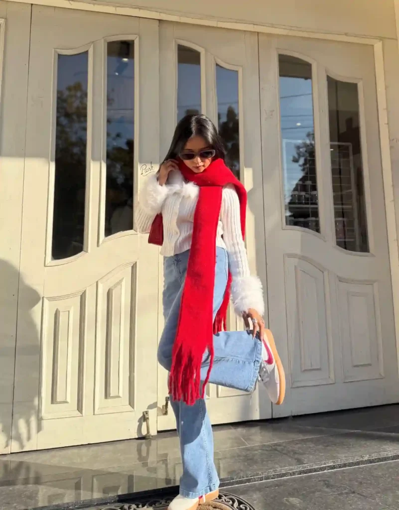 White Fur-Trim Cardigan and Jeans with Grey Sneakers