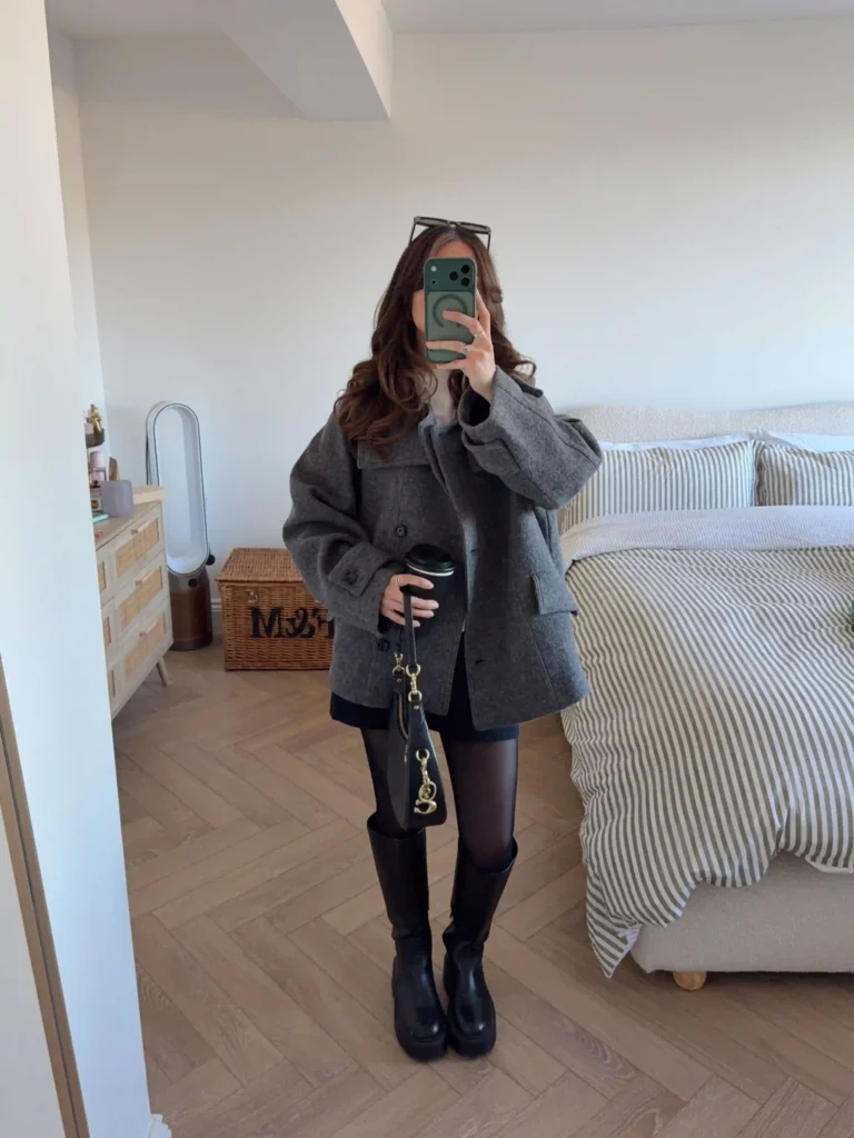 Wool Overshirt and Mini Skirt with Knee High Boots