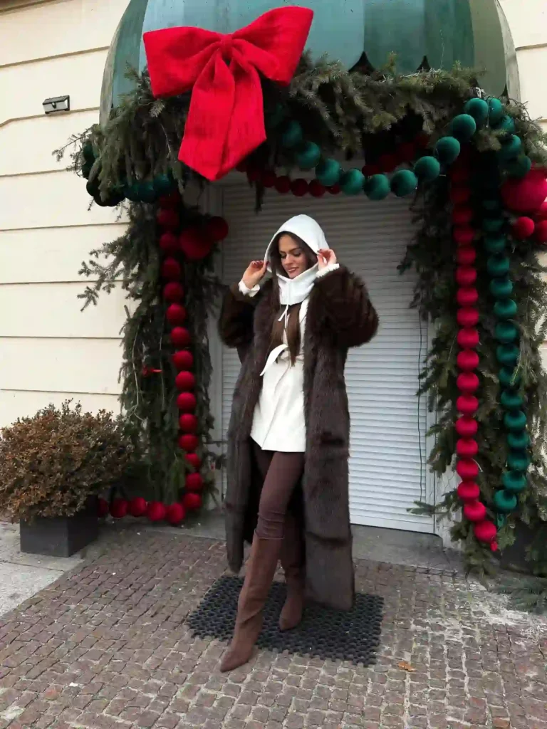 Faux Fur Coat with Hooded Knit and Suede Boots
