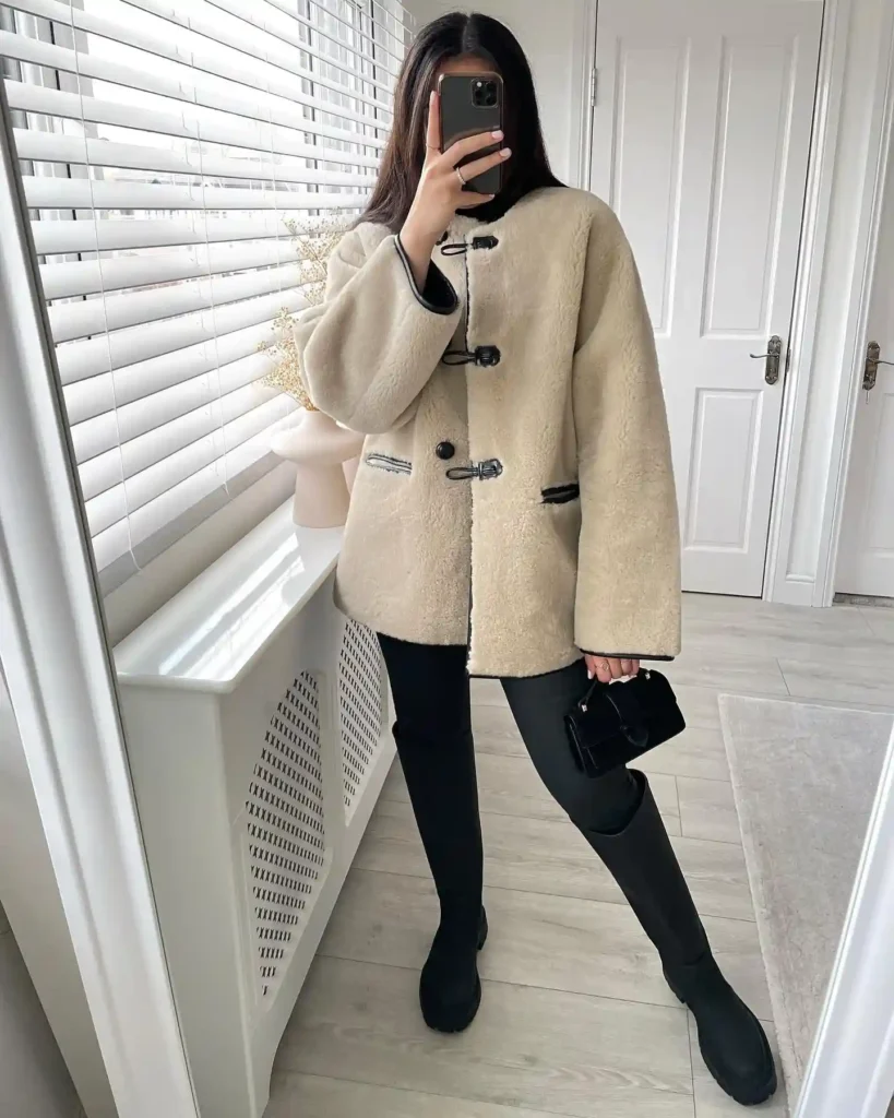 Cream Shearling Jacket and Skinny Jeans with Black Boots