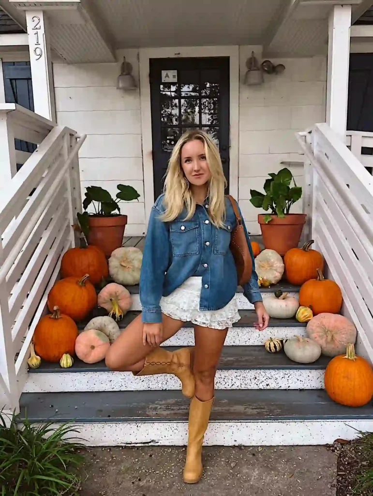 Denim Shirt and Lace Skirt with Banana Frye Boots