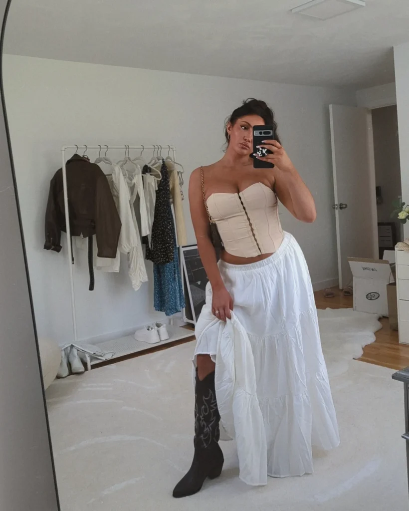 Corset Top and Tiered Maxi Skirt with Brown Cowboy Boots