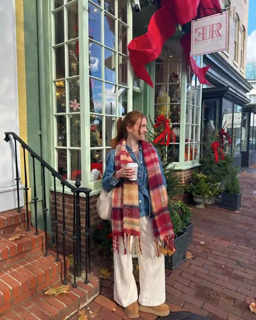 Denim Jacket with Plaid Scarf and Tan Uggs