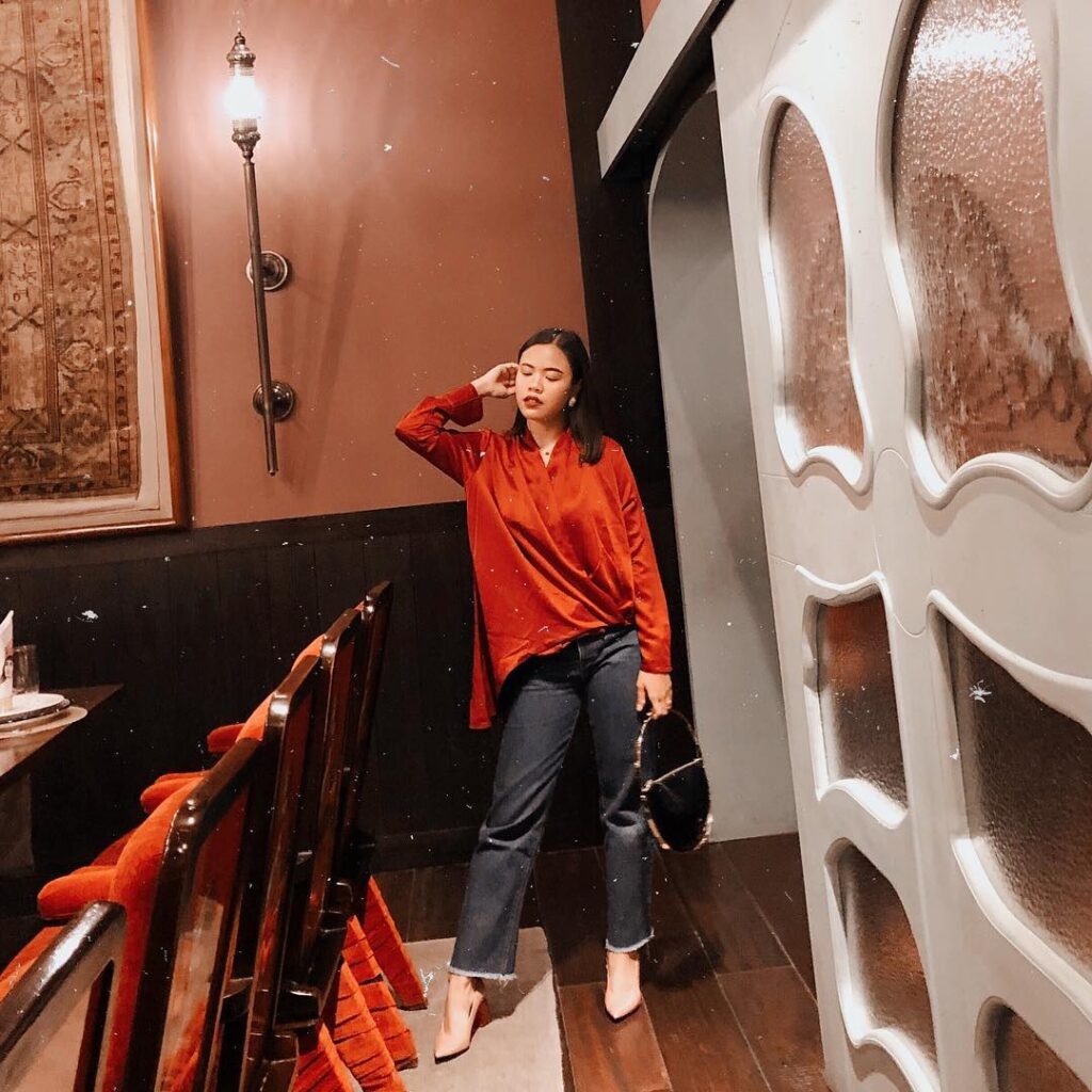 Draped Red Satin Top and Straight Jeans for Christmas Dinner