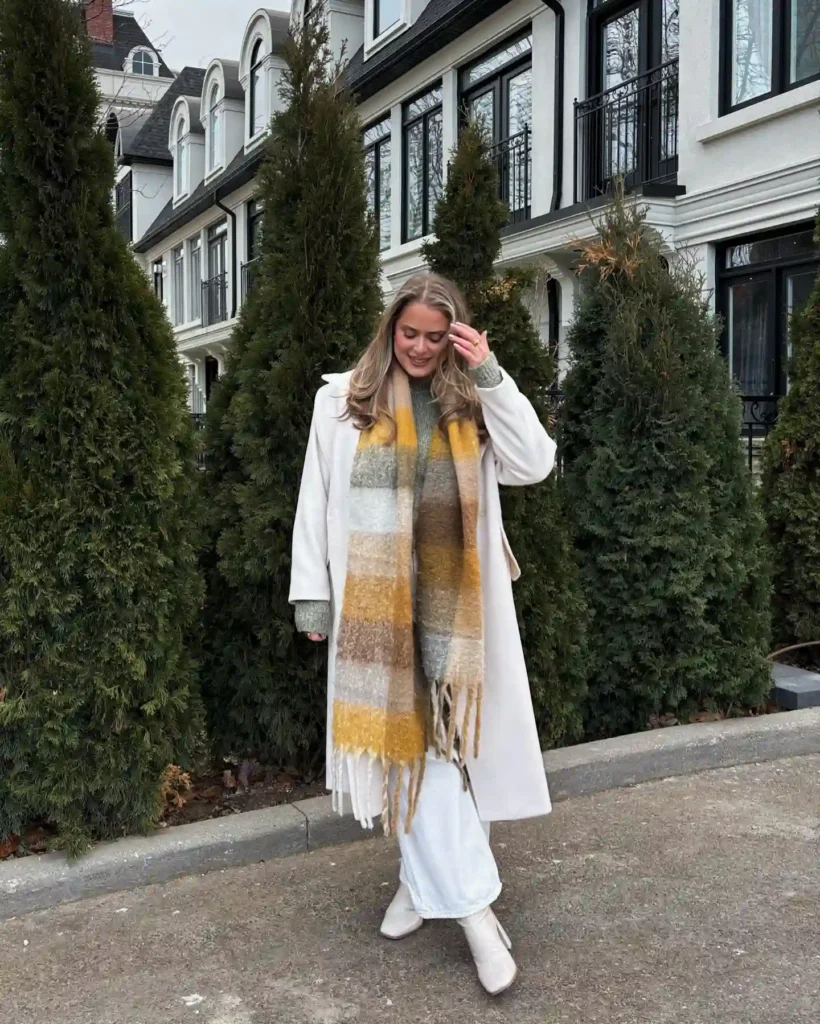 Longline Coat and Wide-Leg Trousers with White Ankle Boots