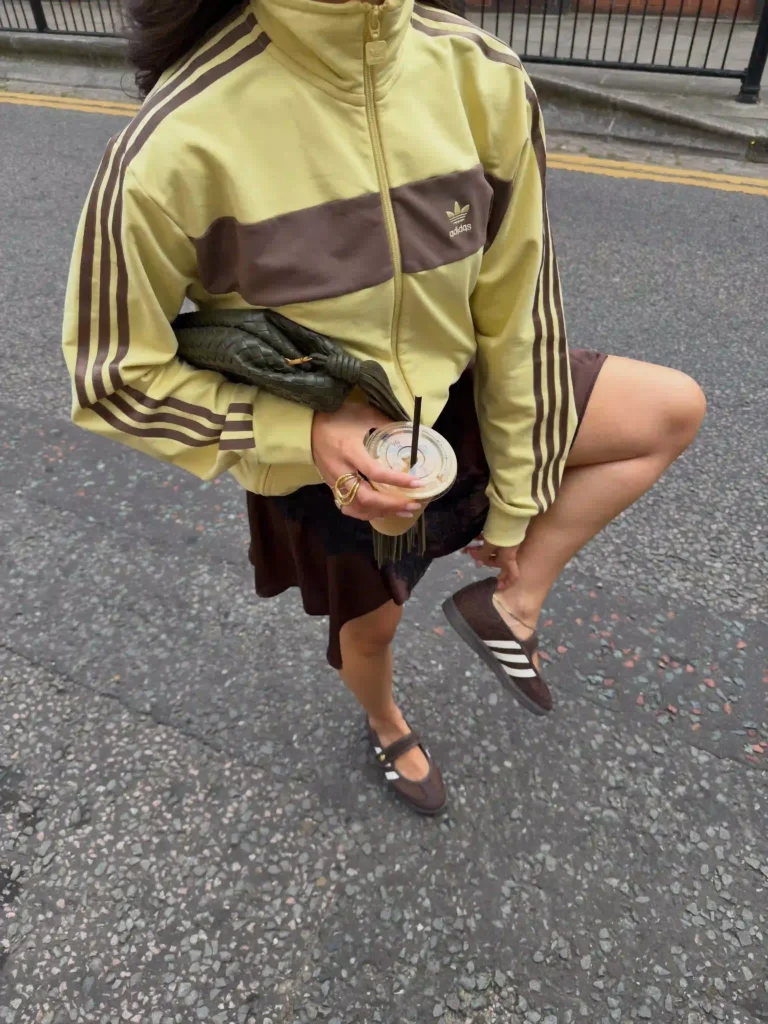 Yellow Track Jacket with Brown Slip Skirt and Brown Adidas Samba Jane