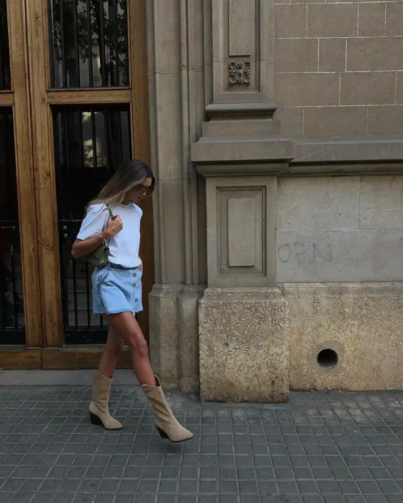 White Tee and Denim Skirt with Suede Cowboy Boots