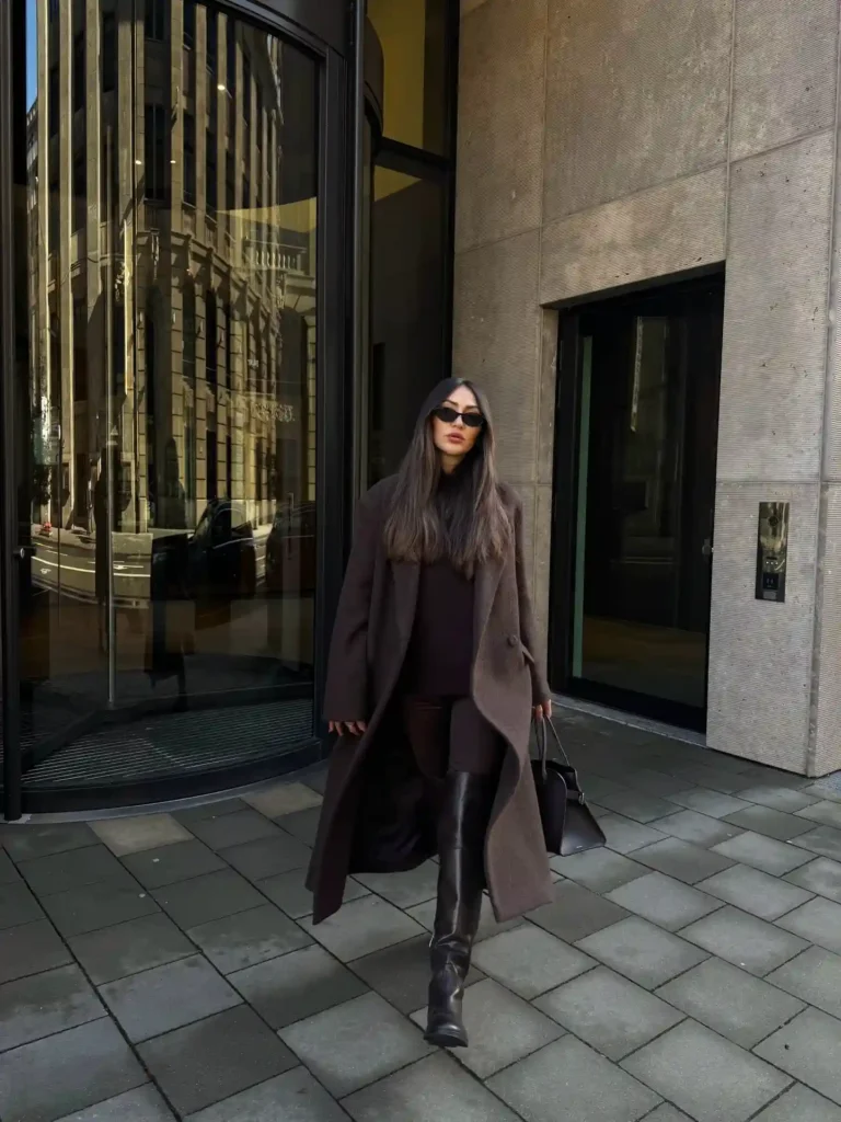 Long Wool Coat and Turtleneck with Brown Knee High Boots