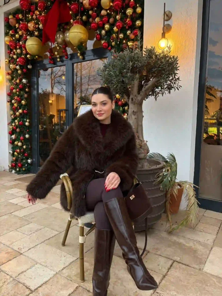 Brown Faux Fur Coat with Leather Boots for a Glam Holiday Look