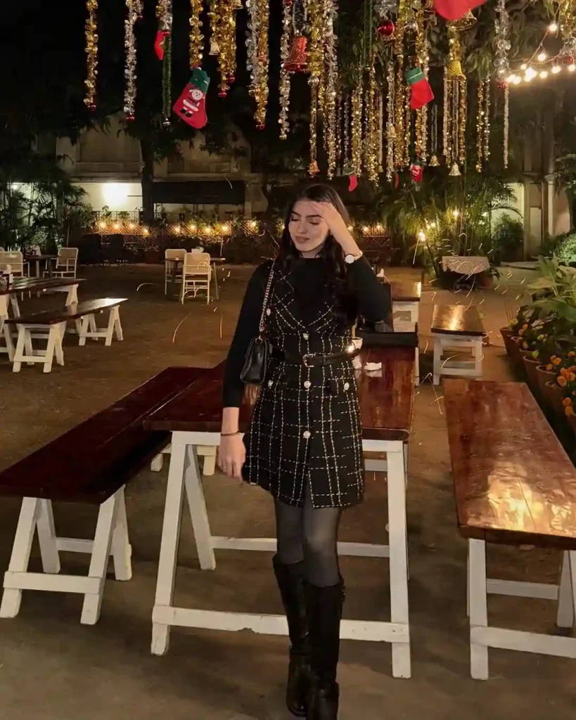 Tweed Pinafore Dress and Turtleneck with Knee-High Boots