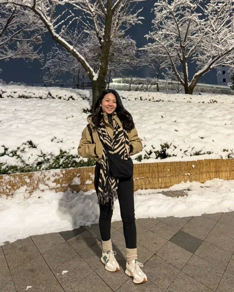 Puffer Jacket and Printed Scarf with New Balance 327