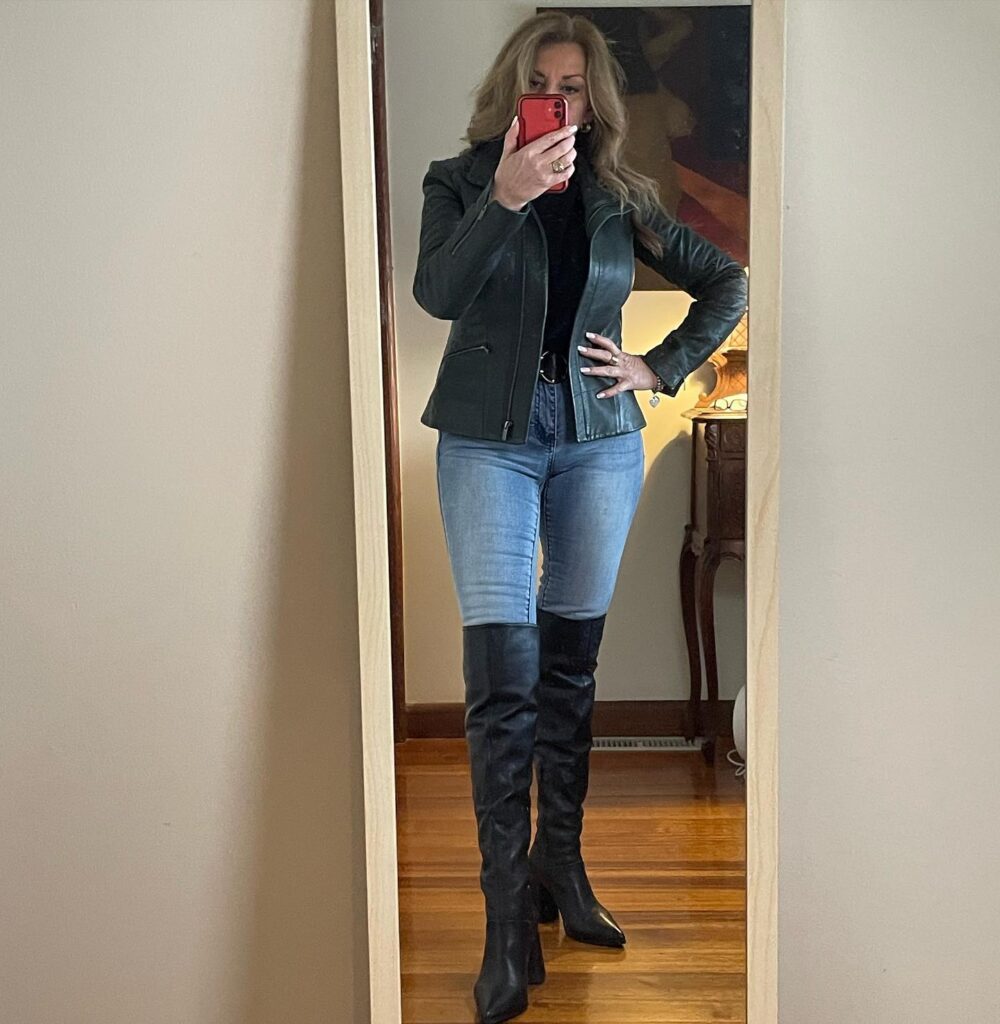 Green Leather Jacket and Jeans with Over-the-Knee Boots