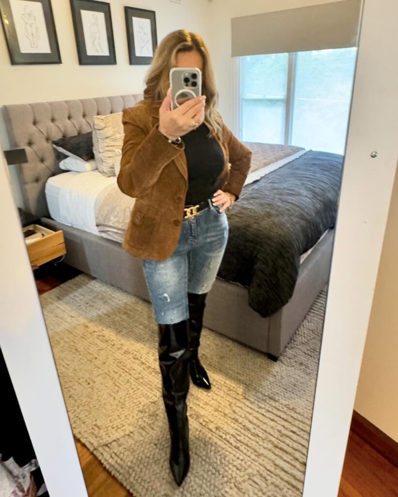 Suede Blazer and Cropped Jeans with Knee-High Boots