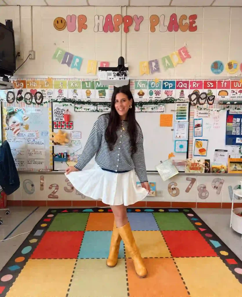 Striped Cardigan and White Skirt with Banana Frye Boots