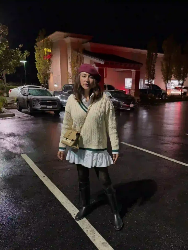 Cricket Sweater and Black Rain Boots for a Rainy Night Out