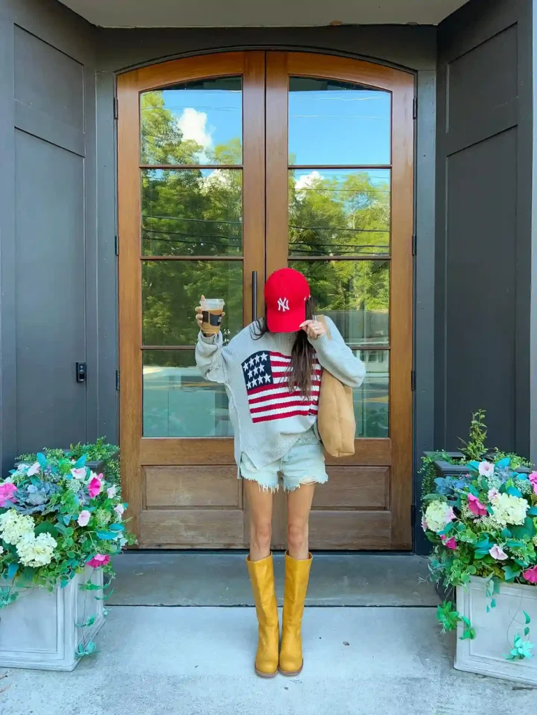 Flag Sweater and Denim Shorts with Banana Frye Boots