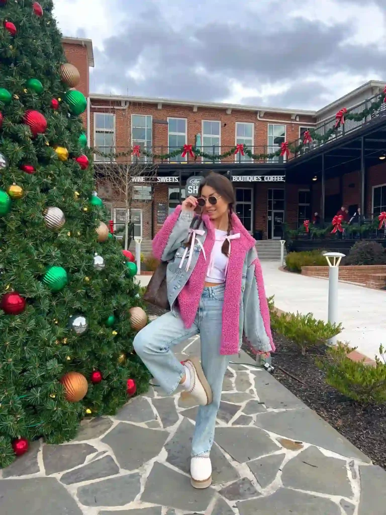 Pink Sherpa Jacket with Light Jeans and Cream Uggs