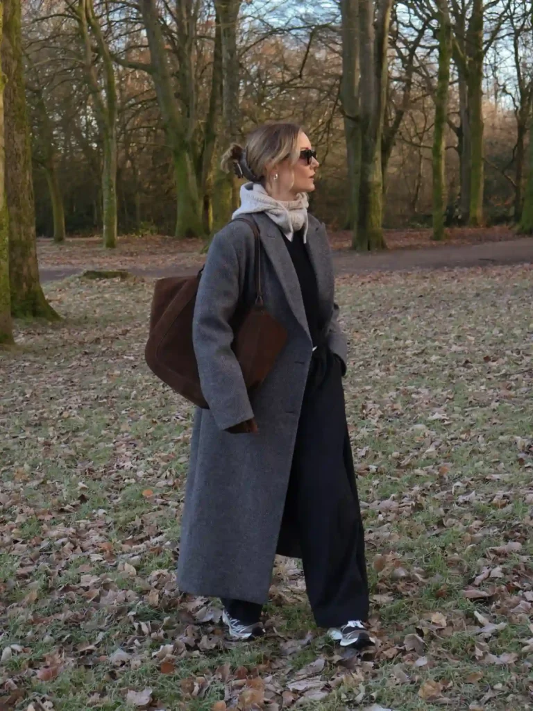 Herringbone Coat and Wide-Leg Trousers with Sneakers