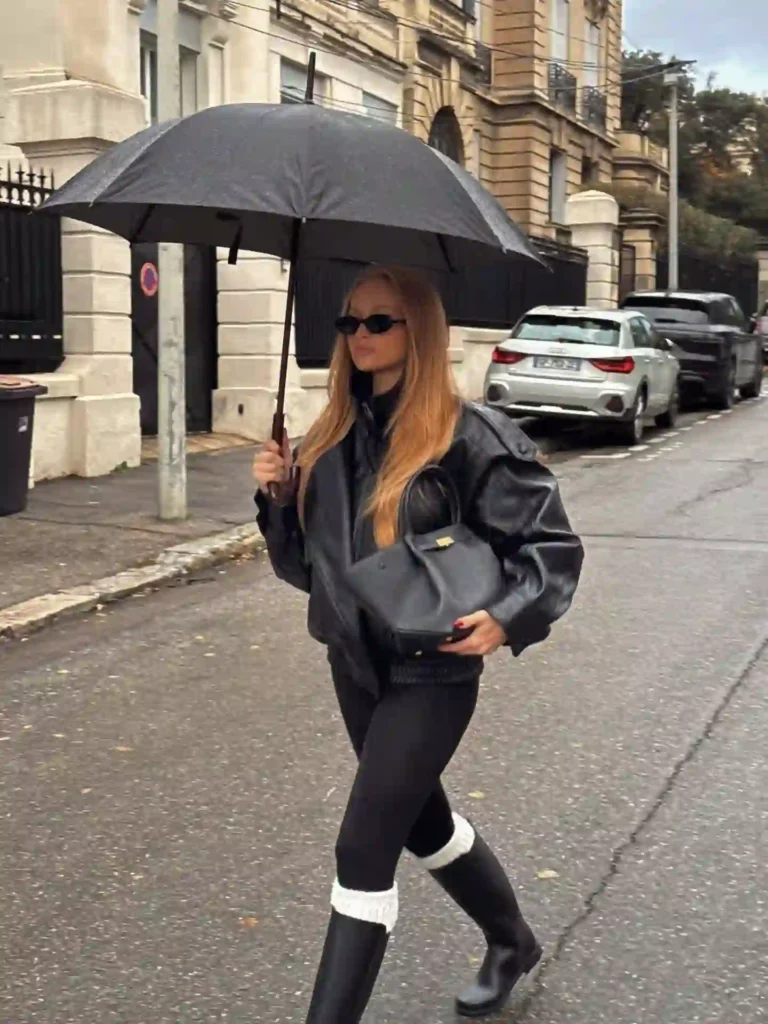 Leather Bomber and Leggings with Tall Rain Boots