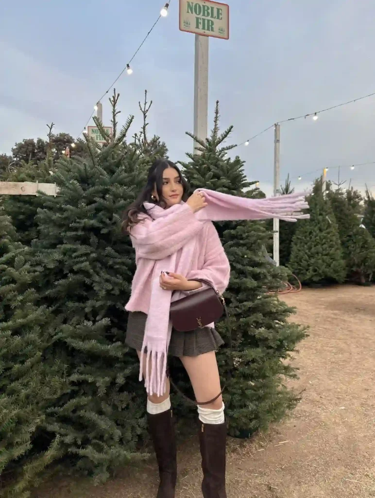 Pink Sweater and Plaid Skirt with Knee High Boots