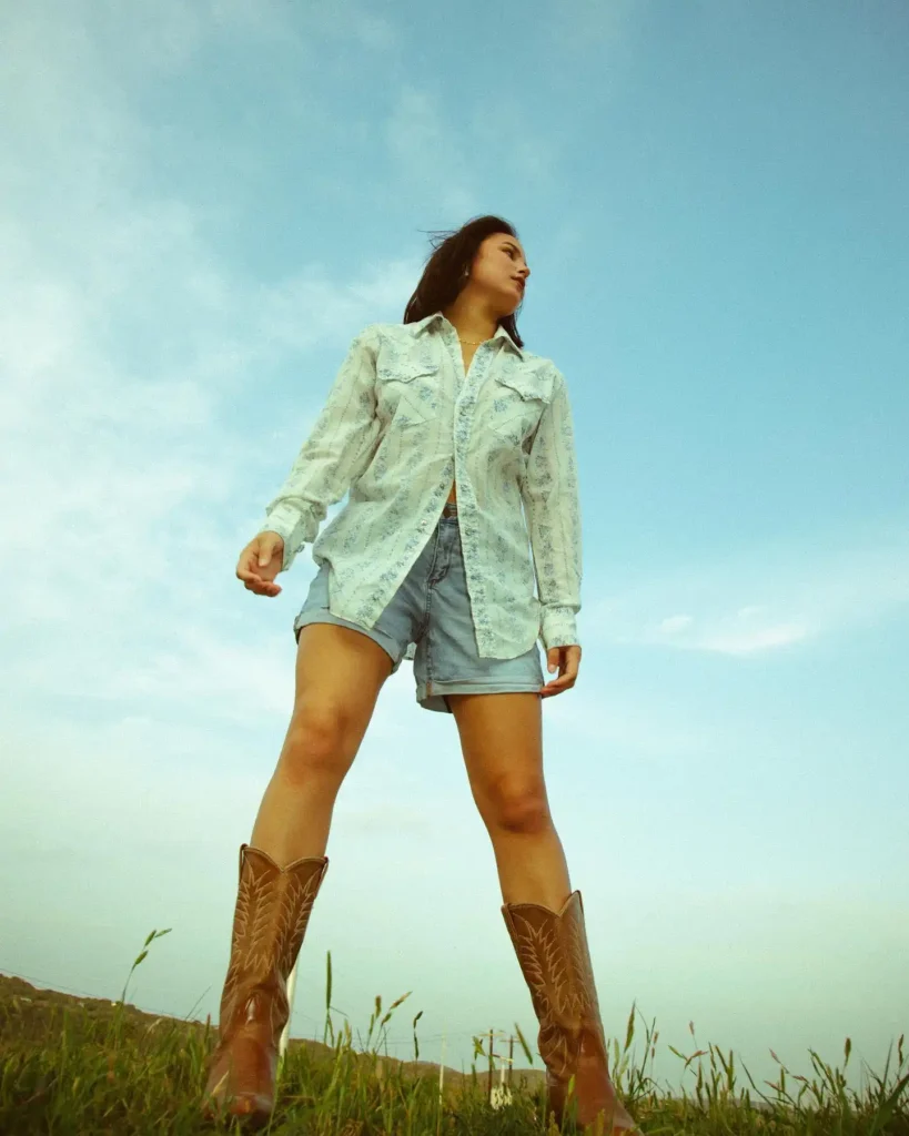 Floral Western Shirt and Denim Shorts with Brown Cowboy Boots