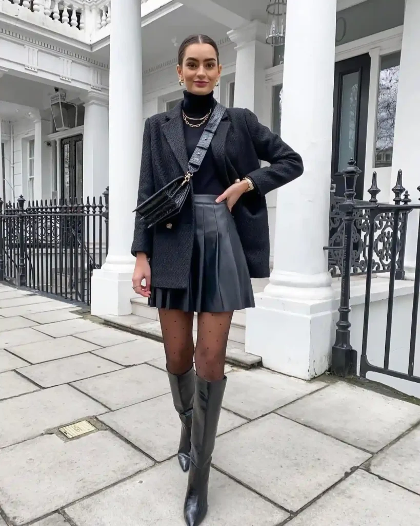 Tweed Blazer with Pleated Leather Skirt and Black Knee High Boots