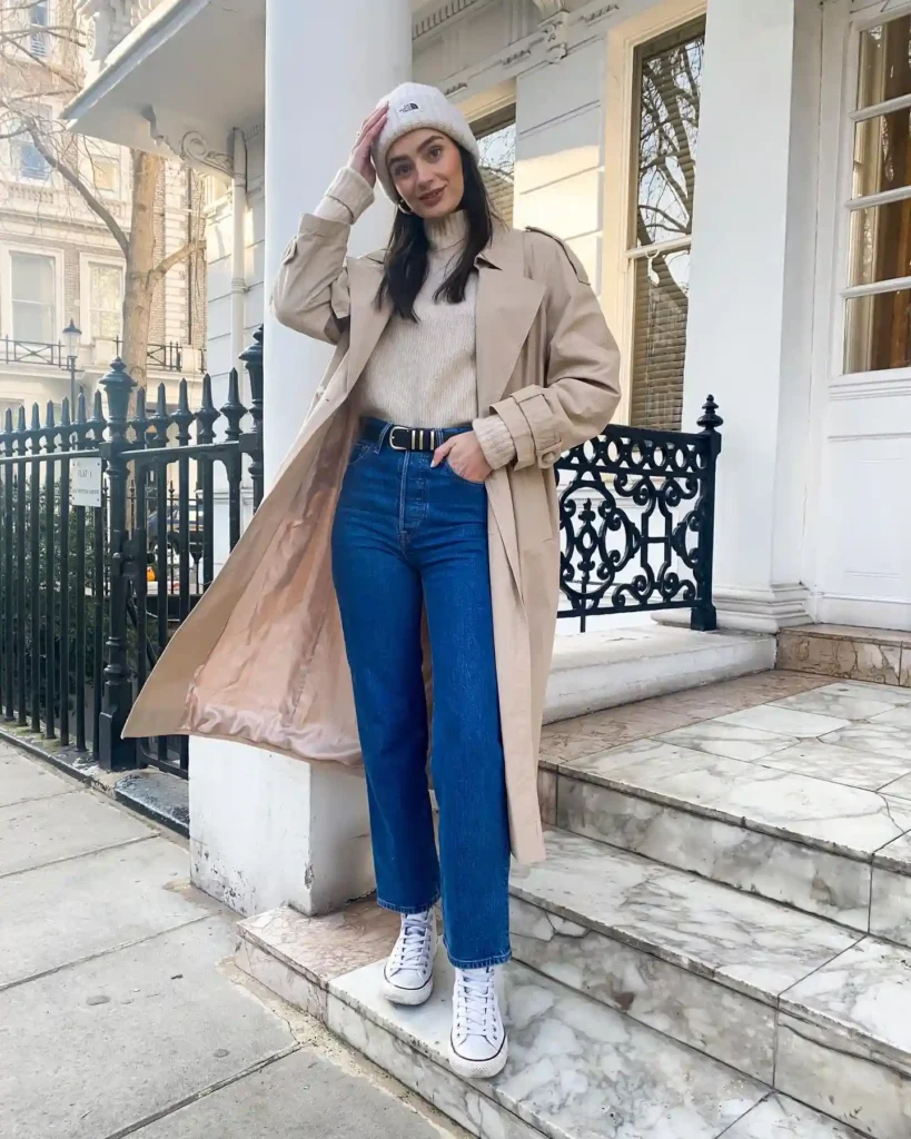 Trench Coat and Turtleneck with White Converse