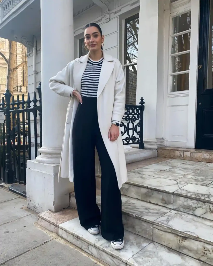 Cream Coat and Striped Knit with Black Converse