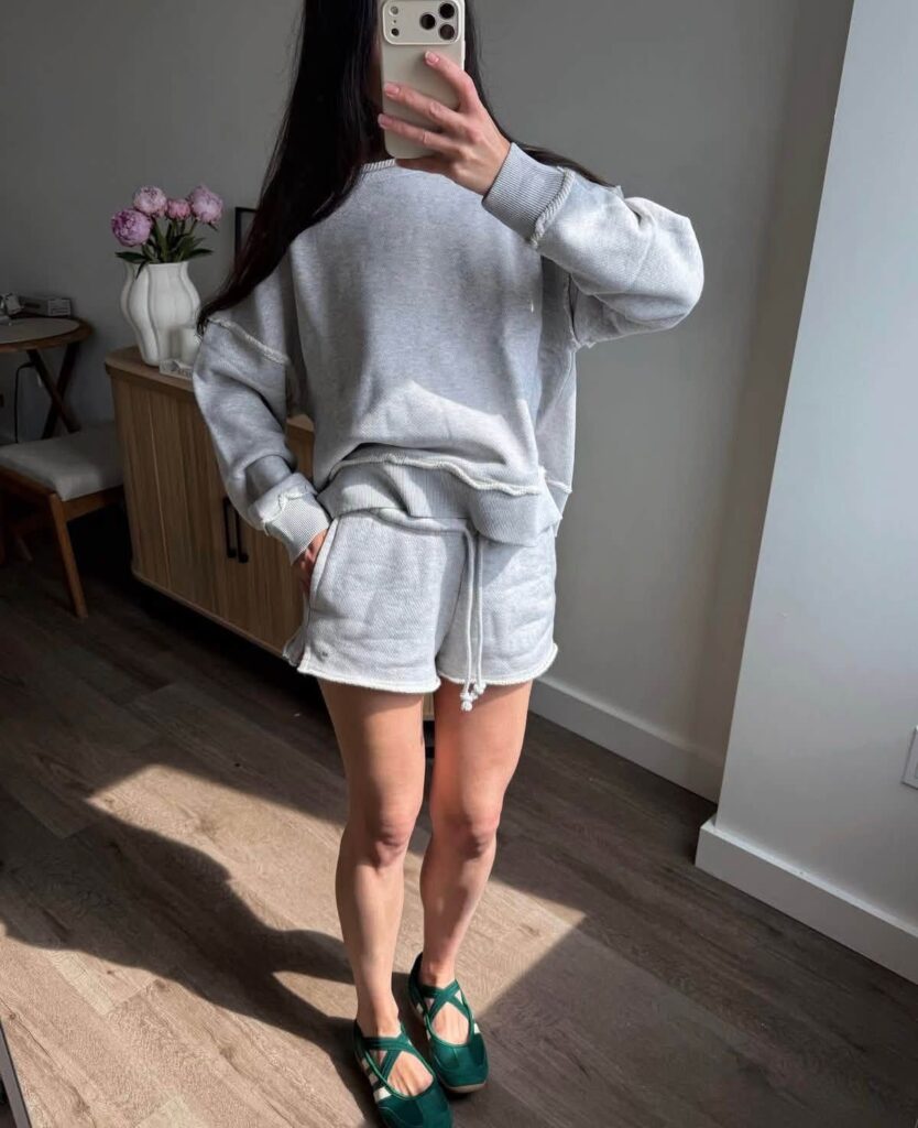 Grey Sweat Set with Green Mary Janes