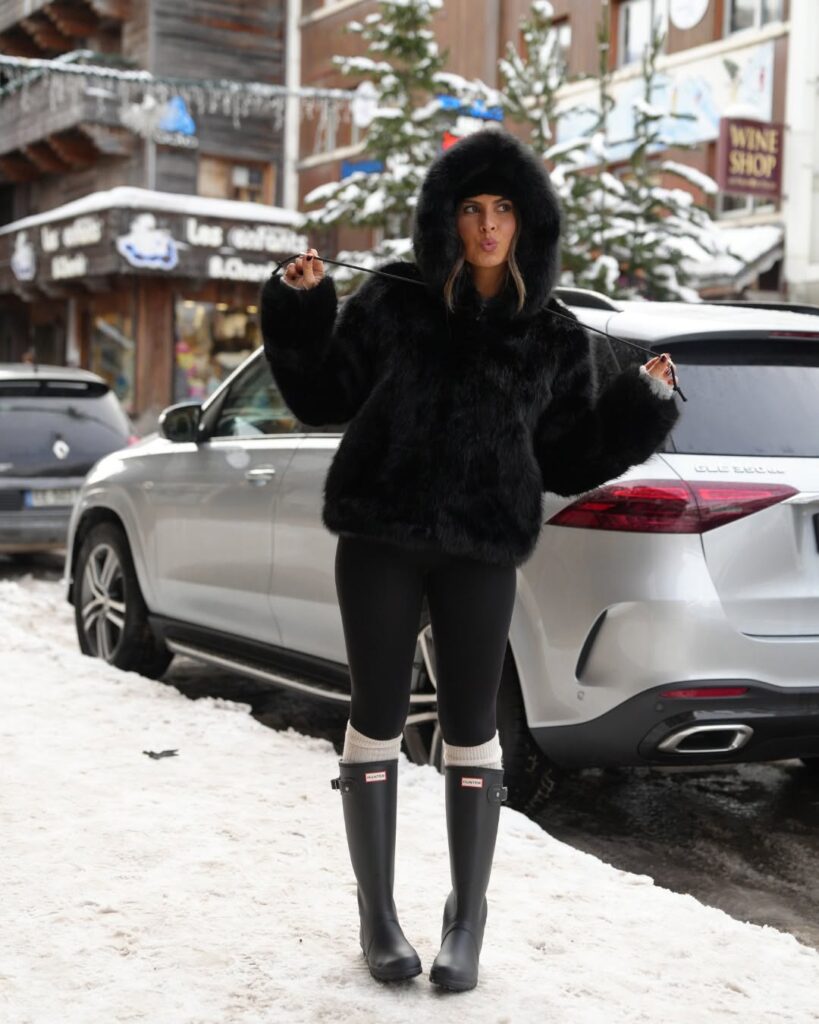 Faux Fur Jacket and Tall Hunter Boots for Snowy Days