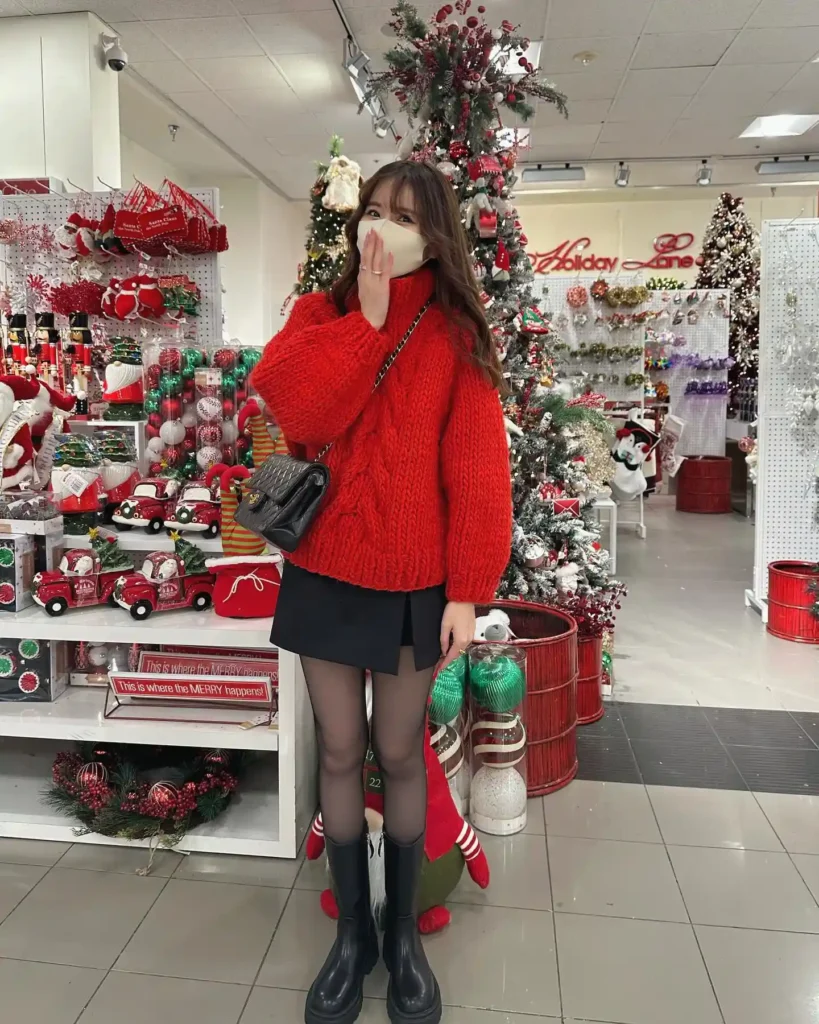 Chunky Red Knit with Mini Skirt and Lug-Sole Boots