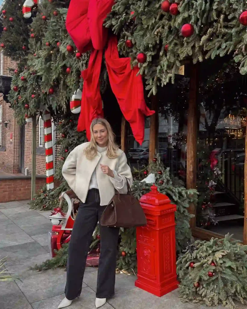 Cropped Wool Jacket and Straight Jeans with White Boots