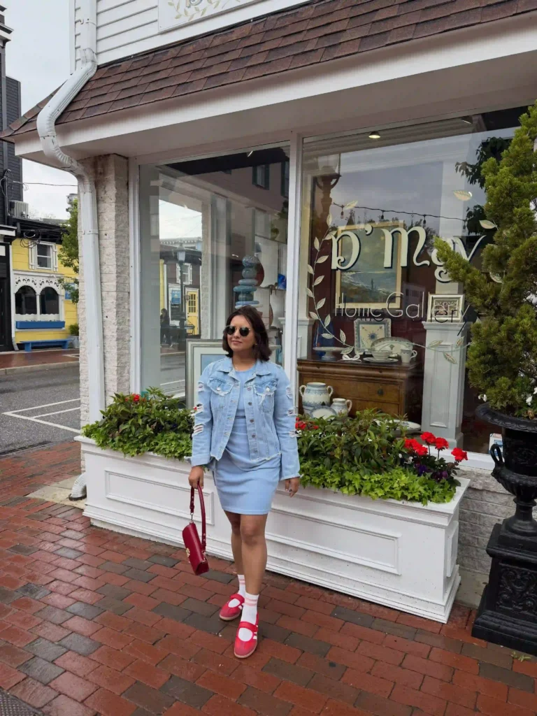 Blue Mini Dress with Denim Jacket and Red Adidas Sambas