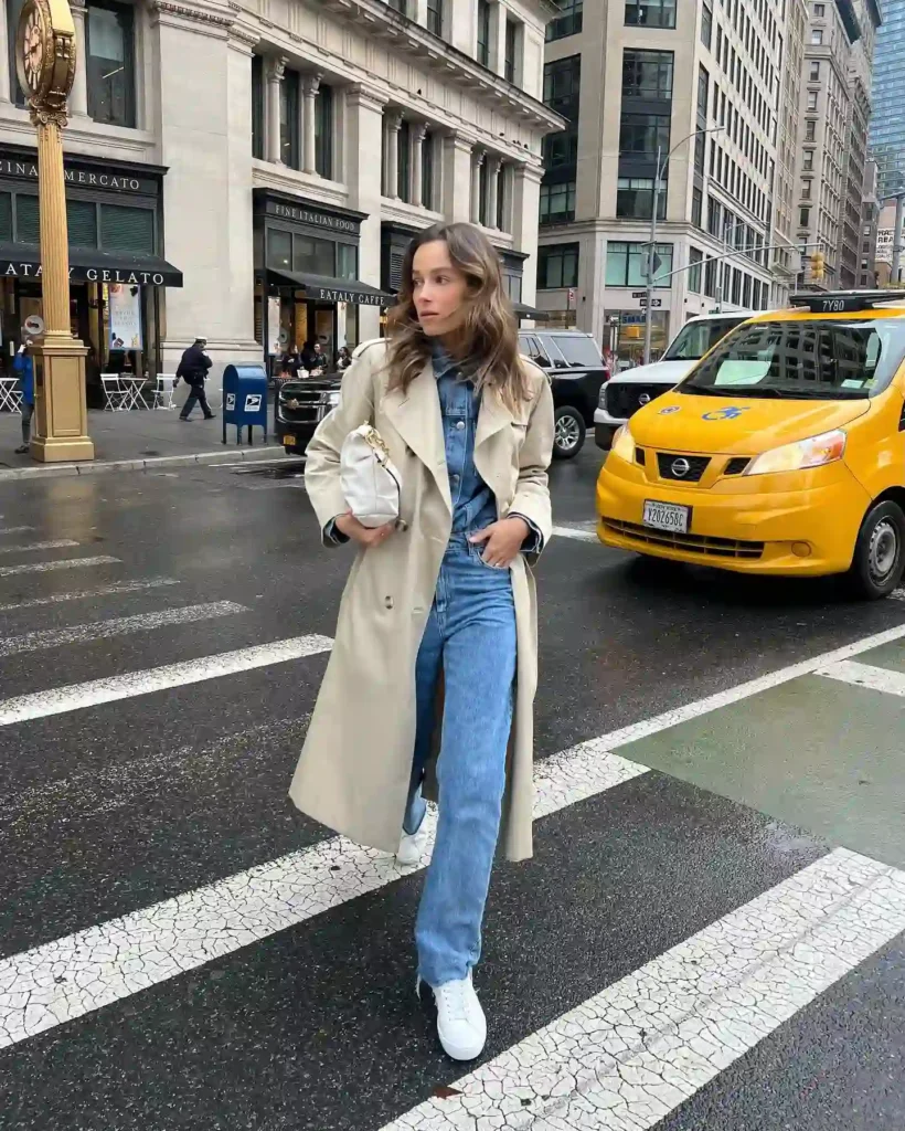 Long Trench Coat and Double Denim with White Sneakers