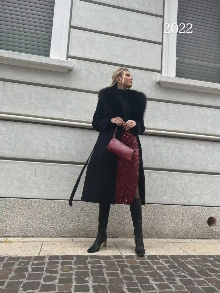 Fur-Collar Coat and Sequin Dress with Knee High Boots