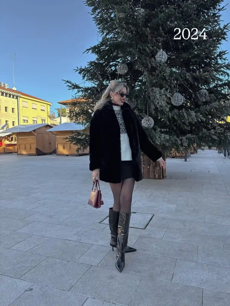 Faux Fur Coat and Fair Isle Sweater with Metallic Knee High Boots