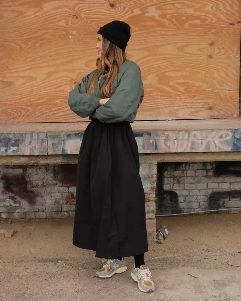 Green Bomber and Black Maxi Skirt with New Balance