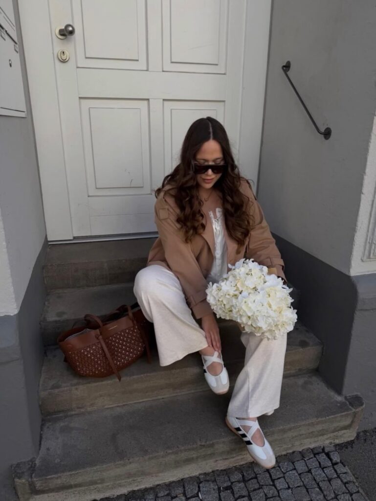 Tan Bomber with Cream Trousers and White Mary Janes