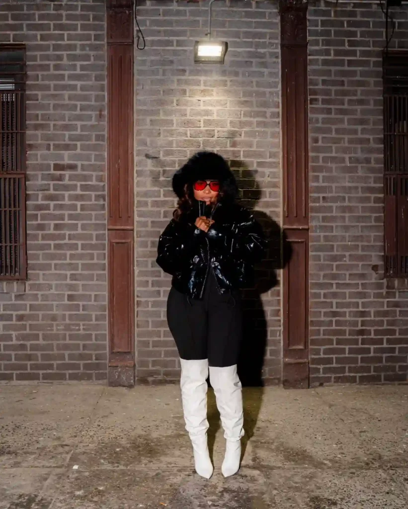 Patent Puffer and Fur Hat with White Thigh-High Boots