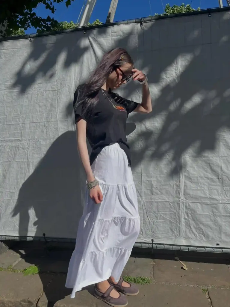 Black Tee with Maxi Skirt and Brown Adidas Samba Jane