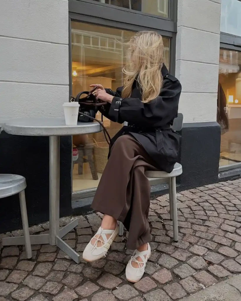 Black Trench with Chocolate Wide-Leg Trousers
