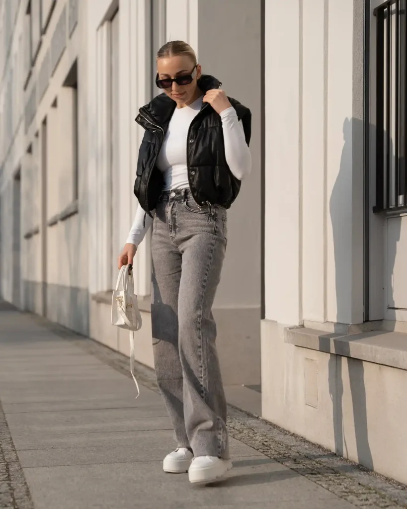 Puffer Vest and Grey Jeans with White Sneakers