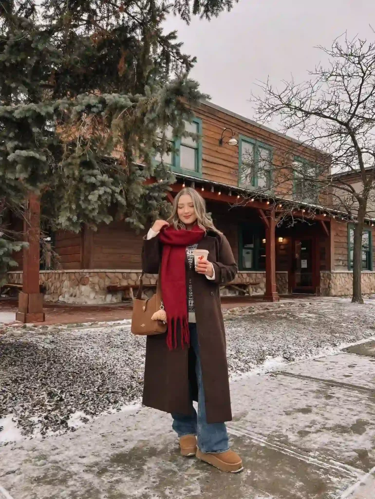 Brown Maxi Coat with Red Scarf and Tan Uggs