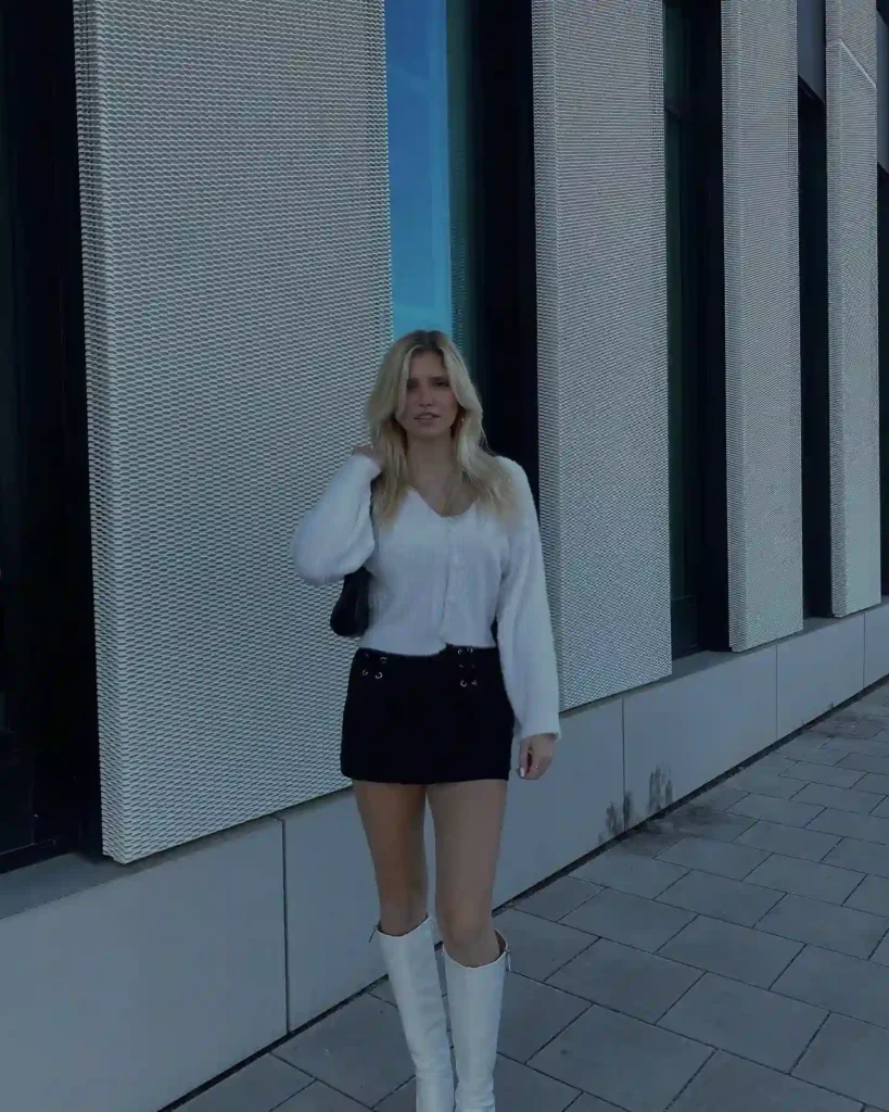 White Cardigan with Lace-Up Mini Skirt and White Knee High Boots