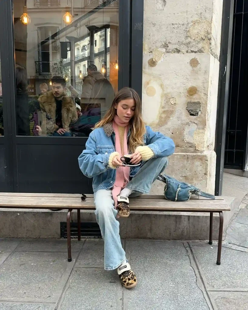Denim Jacket and Loose Jeans with Leopard Sneakers