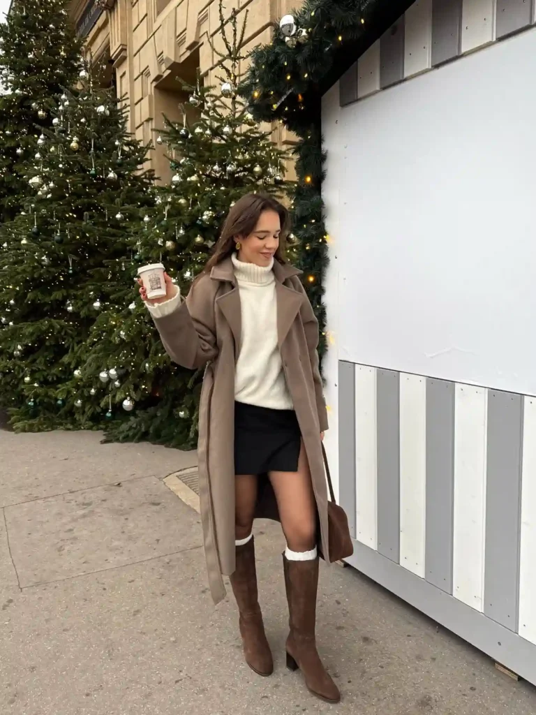 Camel Trench Coat with a Knit Turtleneck and Suede Brown Boots