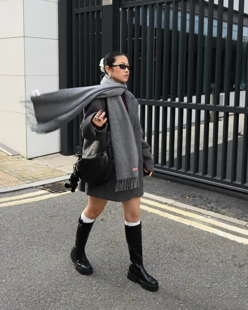 Grey Oversized Coat and Chunky Black Boots
