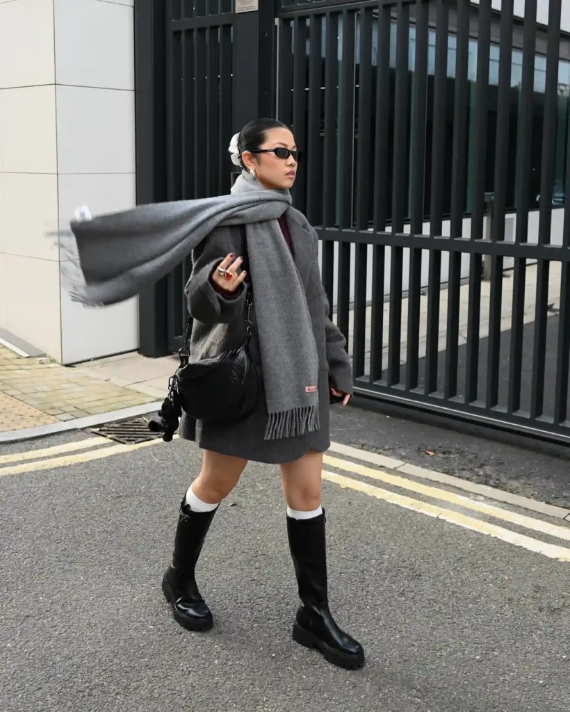 Grey Coat and Scarf with Chunky Knee High Boots