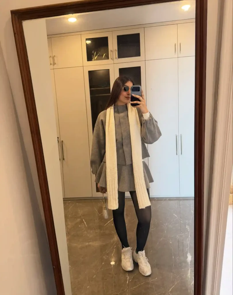 Grey Knit Set and Ruffle Skirt with Chunky Sneakers